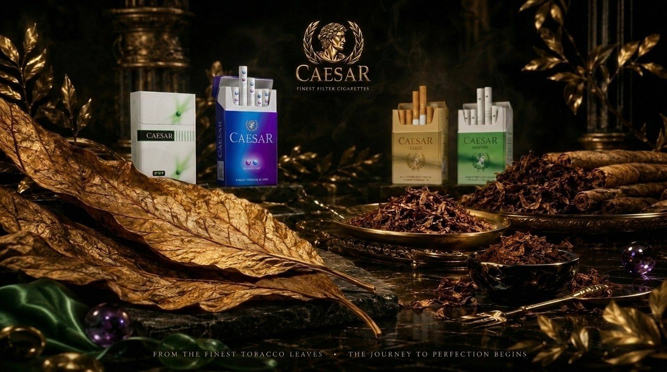 BTC Caesar filter cigarette range — iPOP, Double Pop, Gold and Menthol packs with cured tobacco leaves on a dark editorial surface