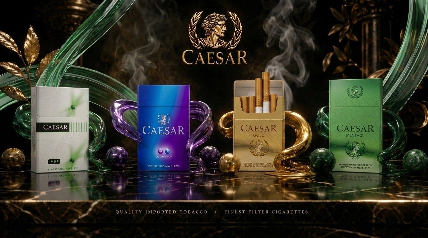 The full BTC Caesar range — iPOP, Double Pop, Gold and Menthol variants on a polished marble surface with gold laurel branding