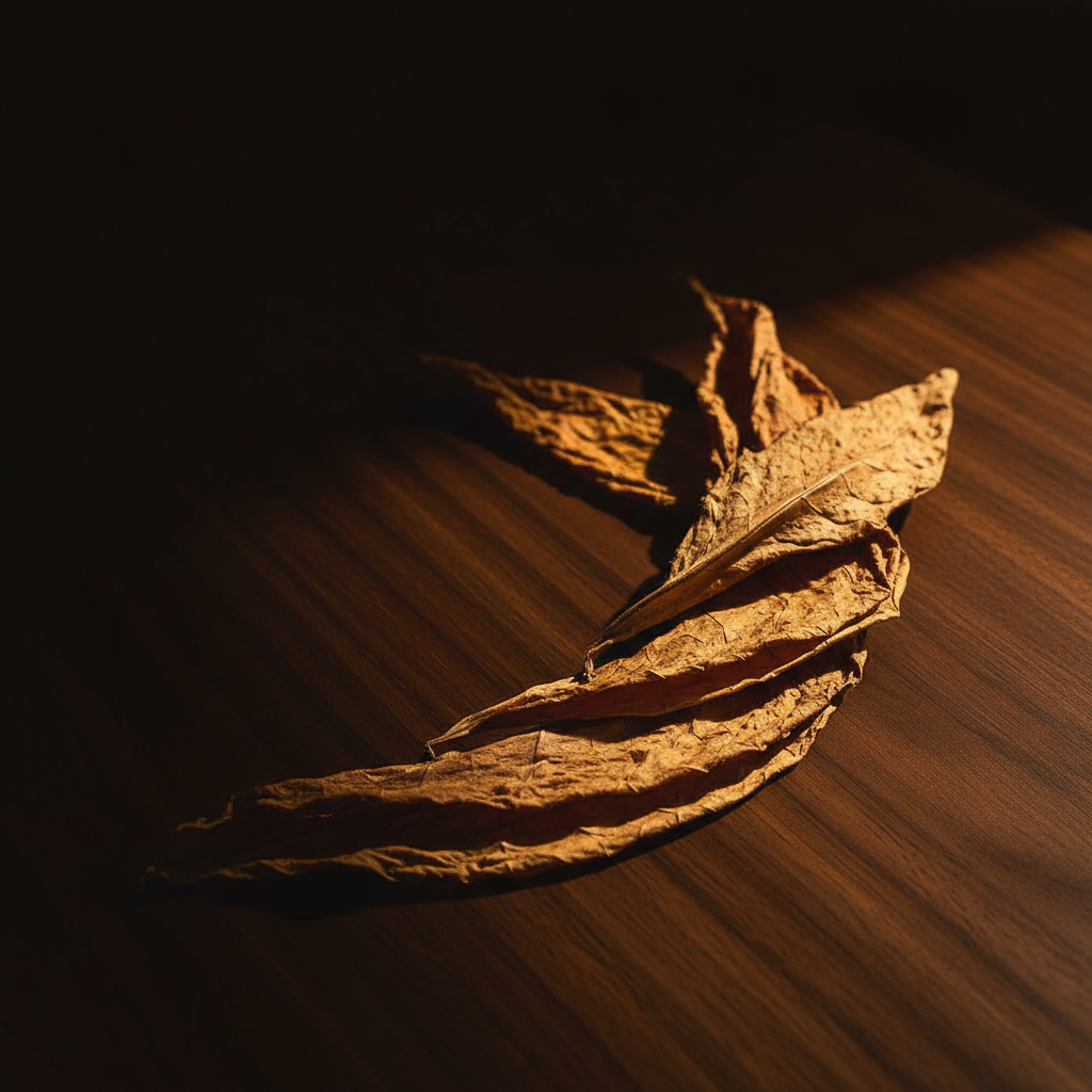 Cured golden tobacco leaves arranged on a dark walnut surface — Best Tobacco Company craft