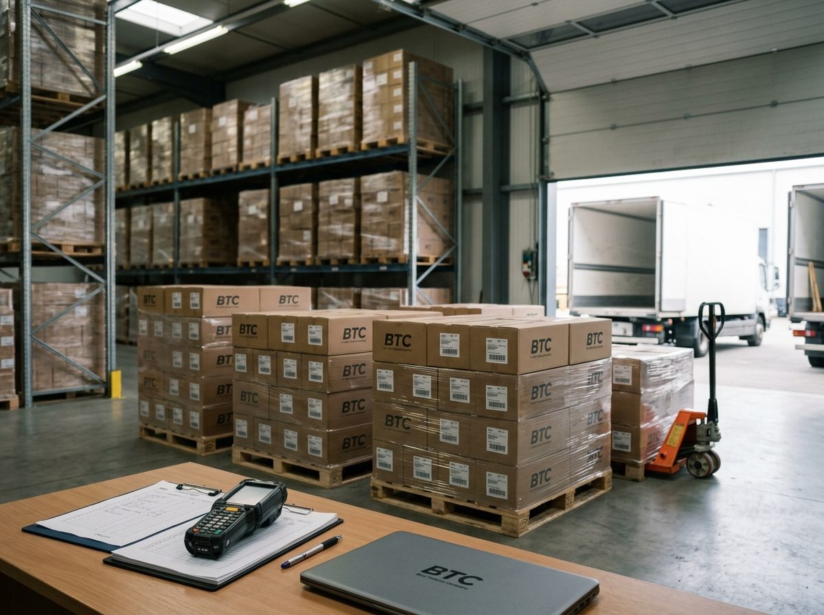 BTC production floor with Crafted in South Africa cartons and a wall-mounted map