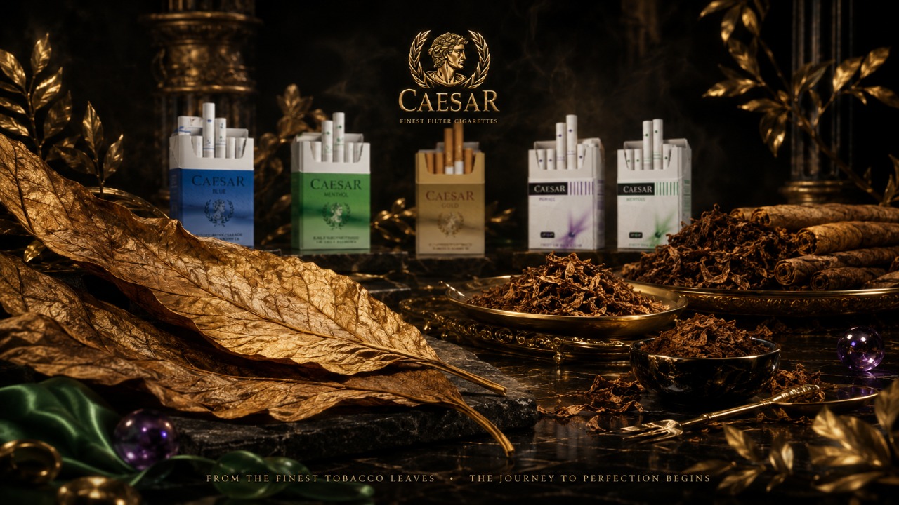 Caesar product range arranged with cured tobacco leaves