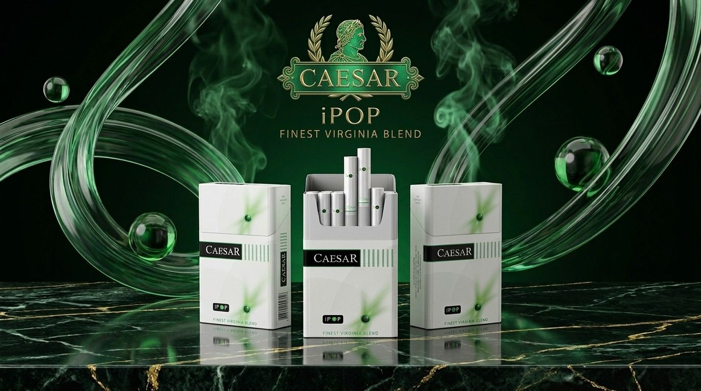 BTC Caesar iPOP — finest Premium Virginia blend filter cigarettes in green packaging on dark green marble with a gold laurel emblem
