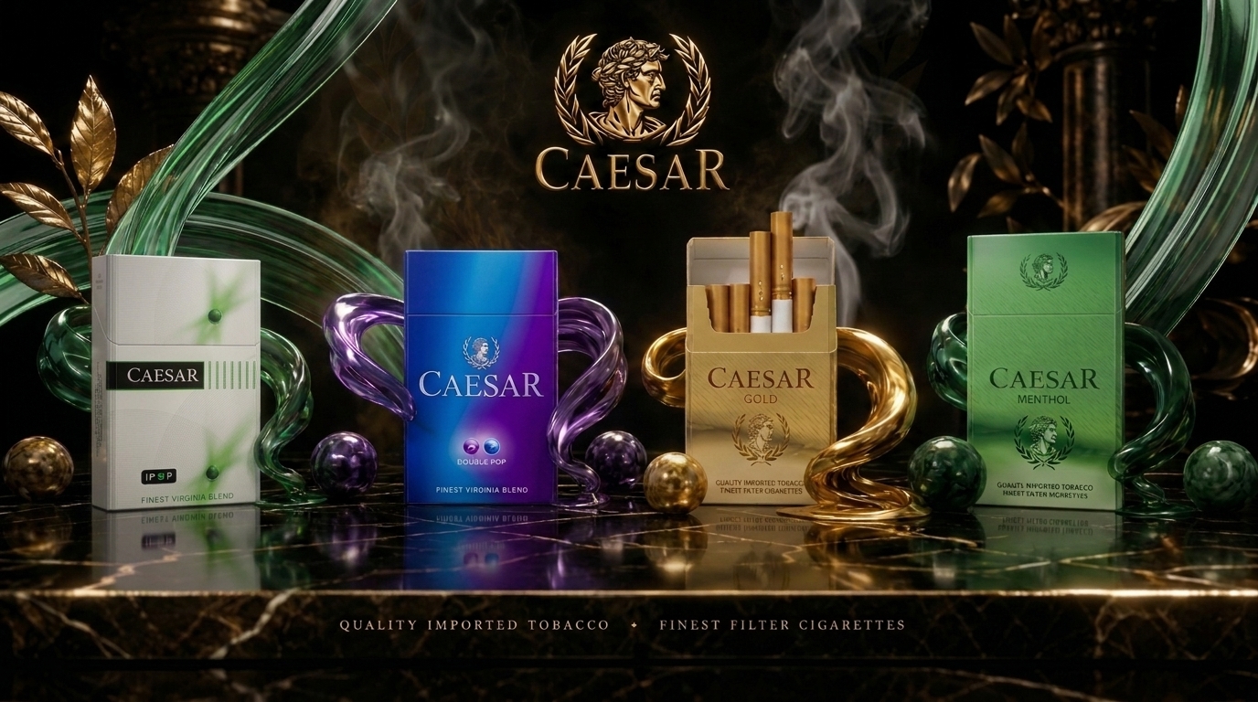 The full BTC Caesar range — iPOP, Double Pop, Gold and Menthol variants on a polished marble surface with gold laurel branding